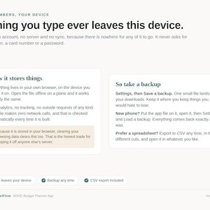 May include: A digital interface for TheSheetFlow ADHD Budget Planner App featuring the text: Your numbers, your device. Nothing you type ever leaves this device. It explains local browser storage, offline functionality, backup procedures, and CSV export options.