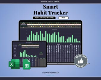 Dark Mode Habit Tracker Spreadsheet Google Sheets Excel | Daily Weekly Monthly Goal Tracker | Black Theme Routine Planner 2026