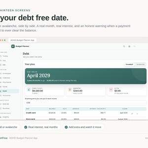 May include: A digital interface for an ADHD Budget Planner app displaying a debt management screen. The dashboard features a dark green banner showing a debt-free date of April 2029, with input fields for balances, interest rates, and monthly payments.