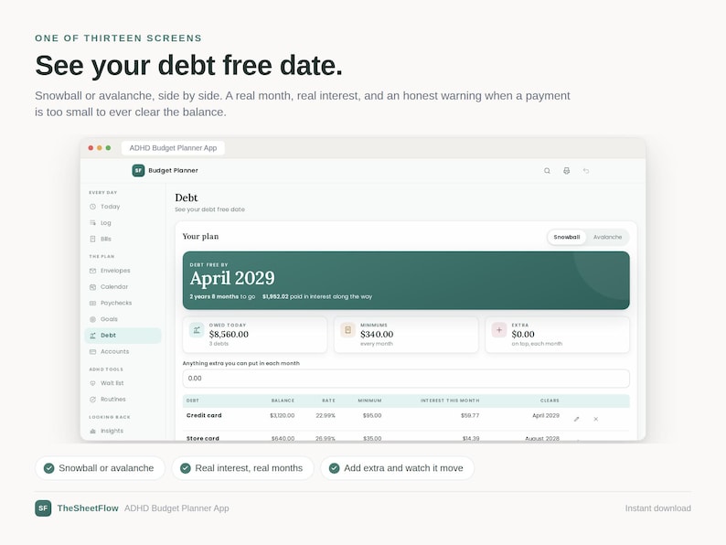 May include: A digital interface for an ADHD Budget Planner app displaying a debt management screen. The dashboard features a dark green banner showing a debt-free date of April 2029, with input fields for balances, interest rates, and monthly payments.