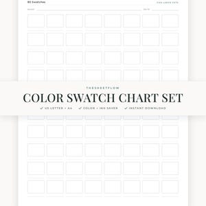 May include: A white color swatch chart set with 80 rectangular boxes for organizing colors. The page includes fields for name and date, with text reading THESHEETFLOW COLOR SWATCH CHART SET, US LETTER + A4, COLOR + INK SAVER, INSTANT DOWNLOAD.