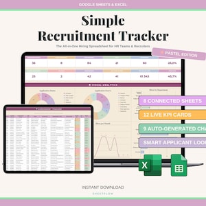 Recruitment Tracker Spreadsheet Google Sheets Excel | HR Candidate Hiring Pipeline Planner | Pastel Aesthetic Applicant Tracker ATS