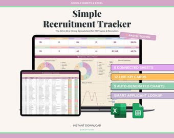 Recruitment Tracker Spreadsheet Google Sheets Excel | HR Candidate Hiring Pipeline Planner | Pastel Aesthetic Applicant Tracker ATS