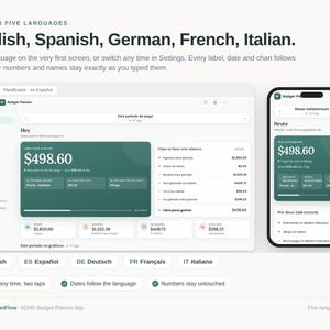 May include: A digital budget planner application interface displayed on a desktop monitor and a smartphone screen. The interface features a dark green color scheme with white text, showing financial data, charts, and navigation menus in multiple languages.