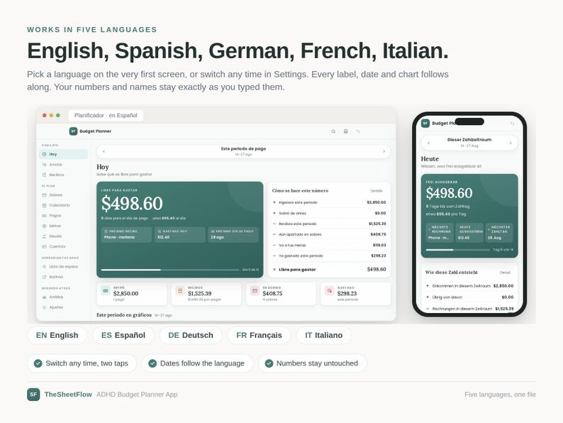May include: A digital budget planner application interface displayed on a desktop monitor and a smartphone screen. The interface features a dark green color scheme with white text, showing financial data, charts, and navigation menus in multiple languages.