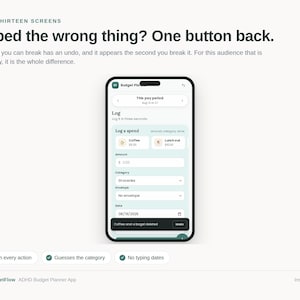 May include: A smartphone screen displaying a budget planner app interface with a light green and white color scheme. The screen shows a log spend form with fields for amount, category, envelope, and date, plus a black undo notification bar.