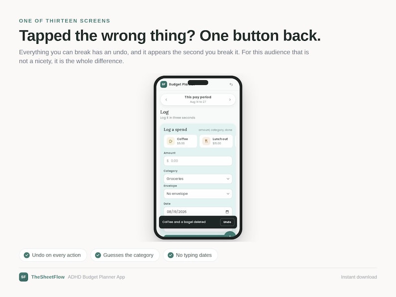 May include: A smartphone screen displaying a budget planner app interface with a light green and white color scheme. The screen shows a log spend form with fields for amount, category, envelope, and date, plus a black undo notification bar.