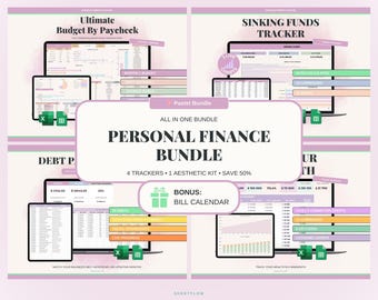 All-In-One Personal Finance Bundle Google Sheets Excel | Pastel Budget Planner Debt Payoff Net Worth Tracker Spreadsheet
