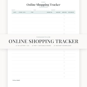 Online shopping tracker, order tracker utskrivbar, online köplogg, utgiftsspårare, redigerbar Word, direkt nedladdning