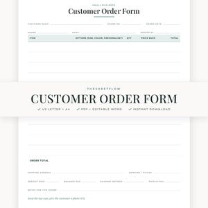 May include: A white customer order form template with black text and a horizontal band across the center. The form includes fields for customer name, order number, date, contact details, itemized lists, order totals, and payment status information.