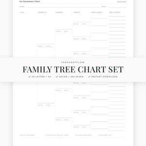 May include: A white six-generation family tree pedigree chart with black text and lines. The document features fields for names, birth, and death dates. A central banner displays the text: THESHEETFLOW FAMILY TREE CHART SET, US LETTER + A4, COLOR + INK SAVER, INSTANT DOWNLOAD.