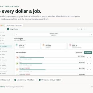 May include: A digital interface for an ADHD Budget Planner app displayed on a screen. The layout features a sidebar with navigation, a main dashboard showing envelope categories like Groceries and Gas, and text stating Give every dollar a job.