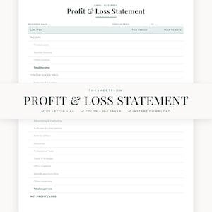 May include: A white paper template titled Small Business Profit & Loss Statement with sections for income, cost of goods sold, and expenses. The document includes fields for business name, period, line items, and totals for this period and year to date.