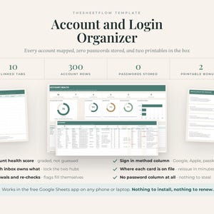 May include: The Sheetflow Template Account and Login Organizer is a digital spreadsheet tool featuring 10 linked tabs, 300 account rows, and 2 printable bonuses. It includes an account health dashboard, sign-in method tracking, and renewal flags.
