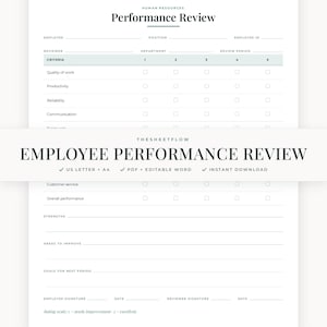 May include: A white Human Resources Performance Review form with black text and a light green header bar. The document includes fields for employee details, a rating scale from 1 to 5 for various criteria, and sections for strengths, improvements, and goals.
