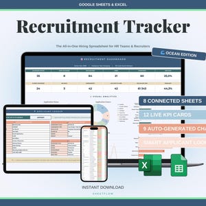 May include: A digital graphic showcasing a recruitment tracker spreadsheet for HR teams and recruiters. The image displays a tablet, laptop, and smartphone, each with spreadsheet data. Text includes "Recruitment Tracker" and "Instant Download."