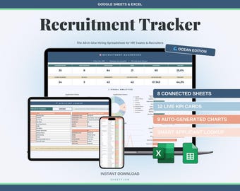 Recruitment Tracker Spreadsheet Google Sheets Excel | HR Candidate Hiring Pipeline Planner | Ocean Blue Aesthetic Applicant Tracker ATS