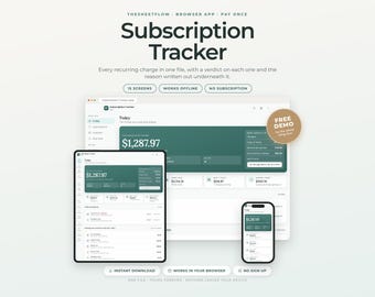 May include: A digital subscription tracker app displayed on a desktop monitor, tablet, and smartphone. The interface features a dark green and white color scheme with financial data, recurring charge lists, and a circular badge labeled FREE DEMO.