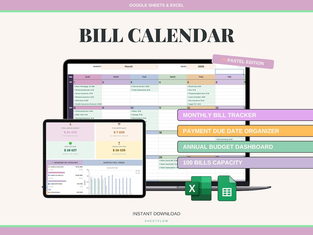 Bill Calendar Spreadsheet Google Sheets Excel | Monthly Bill Tracker ...