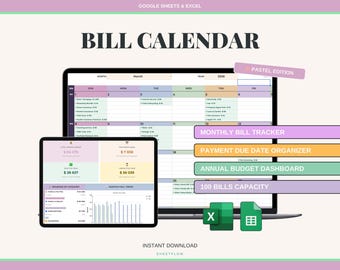Bill Calendar Spreadsheet Google Sheets Excel | Monthly Bill Tracker Due Date Planner | Pastel Aesthetic Recurring Bills Payment Tracker