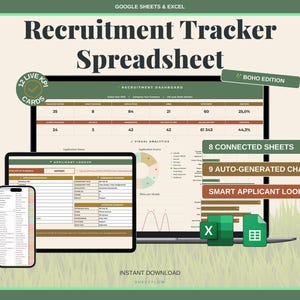 Könnte beinhalten: Digitalgrafik mit einer Rekrutierungs-Tracker-Tabelle. Das Bild zeigt einen Laptop, ein Tablet und ein Smartphone, die alle die Tabellenkalkulationsoberfläche anzeigen. Text beinhaltet "Recruitment Tracker Spreadsheet", "Boho Edition" und "Instant Download".