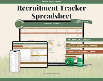 Recruitment Tracker Spreadsheet Google Sheets Excel | HR Candidate Hiring Pipeline Planner | Boho Earthy Aesthetic Applicant Tracker ATS