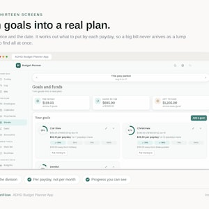 May include: A digital interface for an ADHD Budget Planner app displayed on a screen. The layout features a dashboard with sections for goals and funds, including specific savings targets for car tires and Christmas, with progress bars and text.