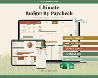 Budget by Paycheck Spreadsheet Google Sheets Excel | Biweekly Monthly Paycheck Planner | Boho Earth Tone Zero Based Budget Tracker