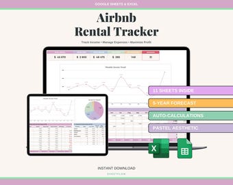 Airbnb Rental Tracker Spreadsheet Google Sheets Excel | STR Vacation Rental Income Expense Tracker | Pastel Aesthetic Host Bookkeeping
