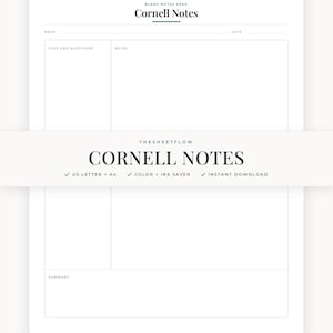 May include: A white Cornell Notes template page featuring sections for Name, Date, Cues and Questions, Notes, and Summary. A central banner displays the text THESHEETFLOW CORNELL NOTES, US LETTER + A4, COLOR + INK SAVER, and INSTANT DOWNLOAD.