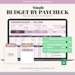 May include: A digital budget planner displayed on a laptop screen titled Simple BUDGET BY PAYCHECK, featuring columns for pay dates, amounts, and spending categories. Includes two bonus documents, Google Sheets integration, and instant download labels.