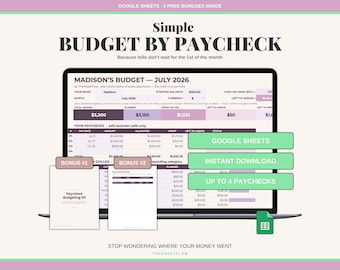 May include: A digital budget planner displayed on a laptop screen titled Simple BUDGET BY PAYCHECK, featuring columns for pay dates, amounts, and spending categories. Includes two bonus documents, Google Sheets integration, and instant download labels.