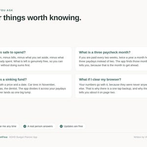 May include: A white informational graphic titled Before You Ask Four things worth knowing. It features four text boxes explaining financial concepts: What is safe to spend, What is a three paycheck month, What is a sinking fund, and What if I clear my browser. Below are three checkmark icons with text: Message me any time, A real person answers, and Updates are free. The bottom includes the text TheSheetFlow ADHD Budget Planner App.