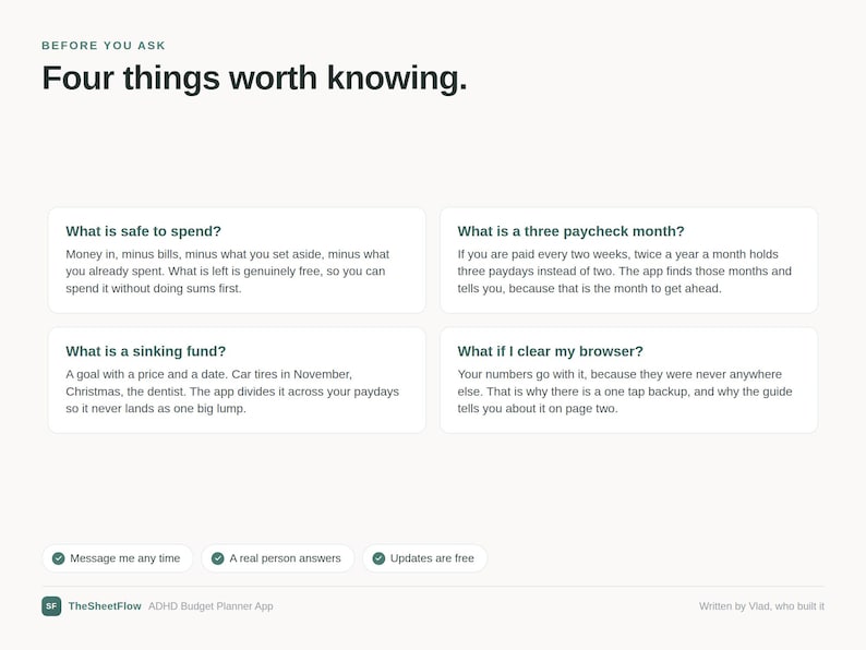 May include: A white informational graphic titled Before You Ask Four things worth knowing. It features four text boxes explaining financial concepts: What is safe to spend, What is a three paycheck month, What is a sinking fund, and What if I clear my browser. Below are three checkmark icons with text: Message me any time, A real person answers, and Updates are free. The bottom includes the text TheSheetFlow ADHD Budget Planner App.