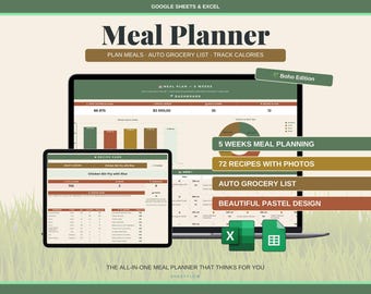 Boho Meal Planner Spreadsheet, Earthy Aesthetic Recipe Organizer & Grocery List Template, Excel Google Sheets Weekly Meal Prep