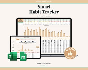 Habit Tracker Spreadsheet Google Sheets Excel | Daily Weekly Monthly Goal Tracker | Pastel Aesthetic Routine Planner Productivity 2026