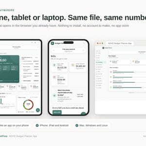 May include: A digital budget planner interface displayed on a tablet, smartphone, and desktop screen. The layout features dark green and white sections with financial data, charts, and bill tracking. Text includes: Opens anywhere. Phone, tablet or laptop. Same file, same numbers. ADHD Budget Planner App.