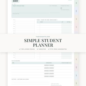 May include: A digital daily planner page titled Simple Student Planner by TheSheetFlow. The layout includes sections for Today's One Big Thing, a task list with time slots, focus sessions with Pomodoro trackers, and a capture area for notes.