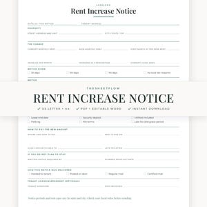 May include: A white Rent Increase Notice document template featuring black text and green accents. The form includes fields for landlord and tenant details, property address, rent change specifics, notice period, payment instructions, and tenant signature.
