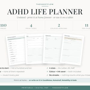 May include: An ADHD Life Planner digital product display featuring four white planner page templates with black text and lines. The header reads ADHD LIFE PLANNER with details including 110 pages, 4 print sizes, 2 colour versions, and 11 PDF files. The bottom text lists features like print at home or use on a tablet with apps like GoodNotes, Noteshelf, Notability, and Xodo.