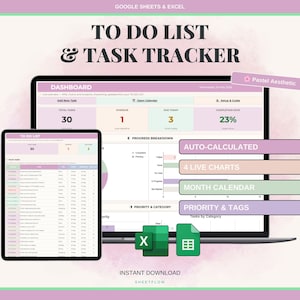Könnte beinhalten: Eine digitale To-Do-Liste und Aufgabenverfolgung, die auf einem Laptop und Tablet angezeigt wird. Das Design hat eine Pastellästhetik mit Überschriften wie "Dashboard" und "Fortschrittsaufschlüsselung". Das Bild enthält den Text "Google Sheets & Excel."