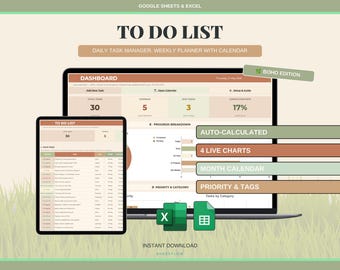 Task Tracker Spreadsheet, To Do List Template Excel & Google Sheets, Daily Task Manager, Weekly Planner with Calendar Productivity Dashboard