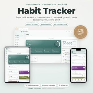 Può includere: Un'app per il monitoraggio delle abitudini visualizzata su un monitor desktop, un tablet e uno smartphone. L'interfaccia presenta schemi di colore verde scuro e bianco con cerchi di avanzamento, elenchi di attività e un badge circolare con la scritta Free Demo. Il testo include Habit Tracker, Works Offline, 5 Languages, No Subscription, Instant Download, Works in Browser e No Sign Up.
