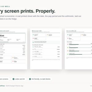 May include: A digital budget planner template featuring three white pages with black text and data tables. The text reads: On Paper As Well, Every screen prints. Properly. Not a squashed screenshot. A real printed sheet with the date, the pay period and the arithmetic, laid out for paper. Stick it on the fridge. The sheets display financial data, including dollar amounts, lists of bills, and spending categories. The bottom includes three checkmarks with text: All thirteen screens, Letter and A4, Ink friendly, no dark blocks.
