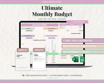 Ultimate Monthly Budget Spreadsheet Google Sheets Excel 2026 Family Couples ADHD Budget Planner Bill Calendar Debt Tracker Budget Guide