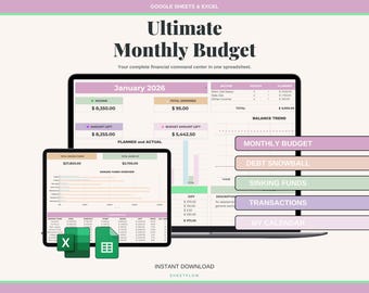 Ultimate Annual Budget Spreadsheet Google Sheets Excel | 2026 Family Couples ADHD Budget Planner | Pastel Bill Calendar Debt Tracker