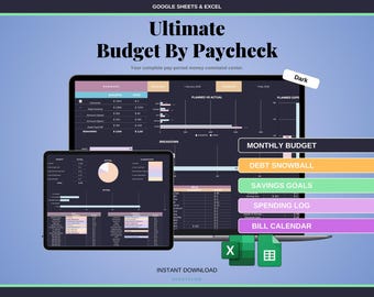 Dark Mode Budget by Paycheck Spreadsheet Google Sheets Excel | Biweekly Monthly Paycheck Planner | Zero Based Budget Black Theme