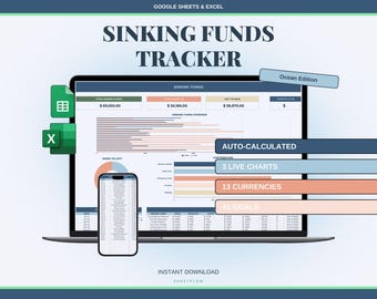 Sinking Funds Tracker Spreadsheet Google Sheets Excel | Multi Goal Savings Planner | Ocean Coastal Blue Emergency Fund Vacation Tracker