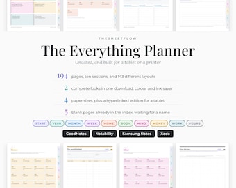 May include: The Everything Planner digital organizer with 194 pages, 10 sections, and 143 layouts. Features include color and ink-saver options, 4 paper sizes, and hyperlinked navigation for tablets. Includes index tabs for Start, Year, Month, Week, Home, Body, Mind, Money, Work, and Yours.