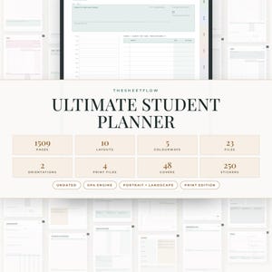 May include: A digital student planner displayed on a tablet screen with a daily schedule layout. The text reads TheSheetFlow Ultimate Student Planner, 1509 pages, 10 layouts, 5 colourways, 23 files, 2 orientations, 4 print files, 48 covers, 250 stickers.